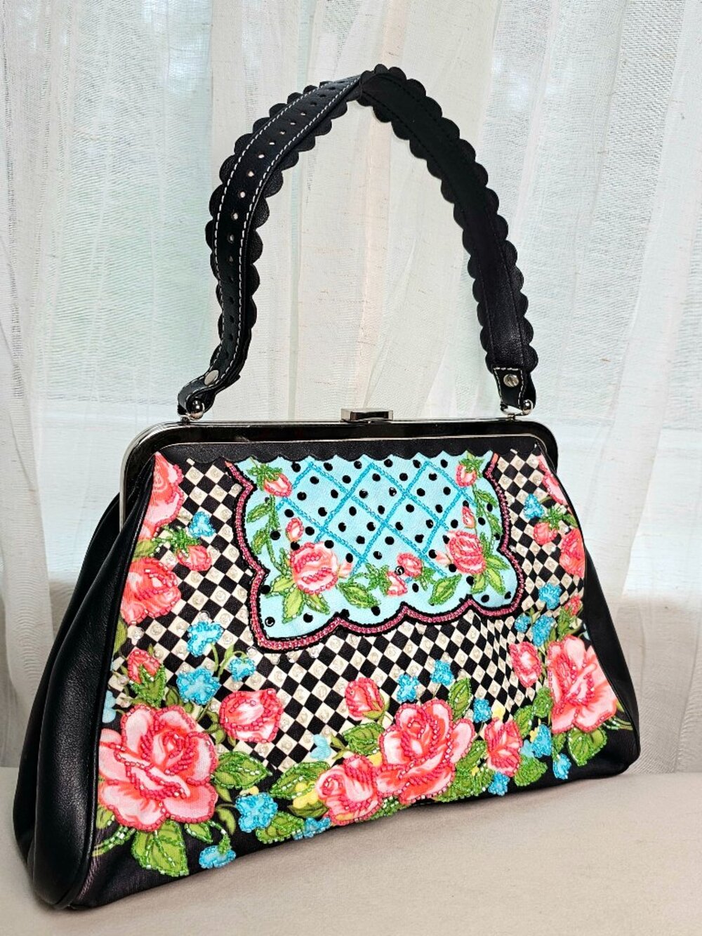 Isabella Fiore Black Mini Bag with Pink Roses & Aqua Accents